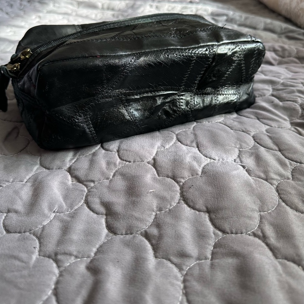 Black Quilted Patchwork Vintage Leather Pouch Unisex.